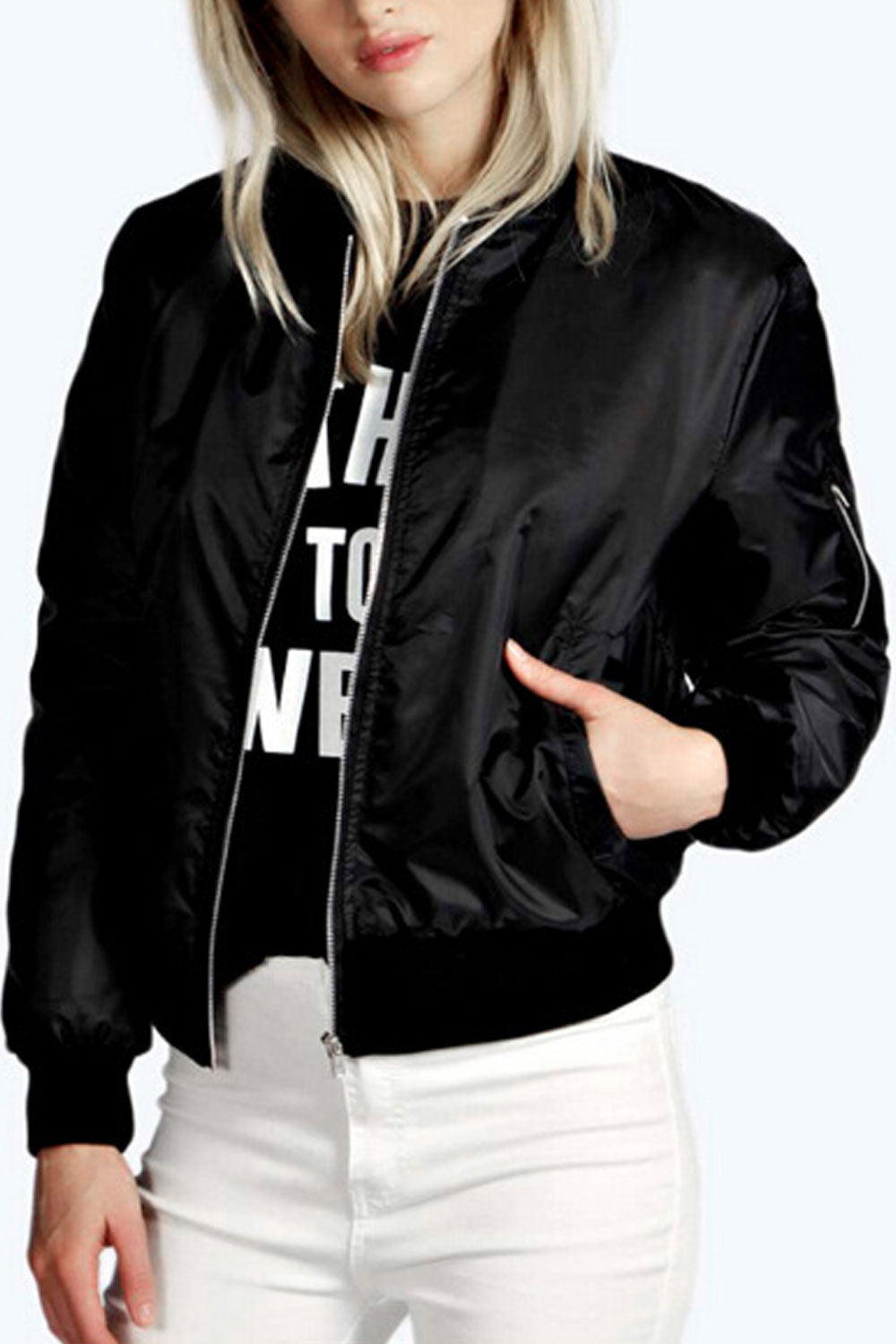 Women Lustrous Knitted Stand Collar Ribbed Cuff & Hem Zipper Long Sleeves Short Slim Smooth Casual Winter Jacket
