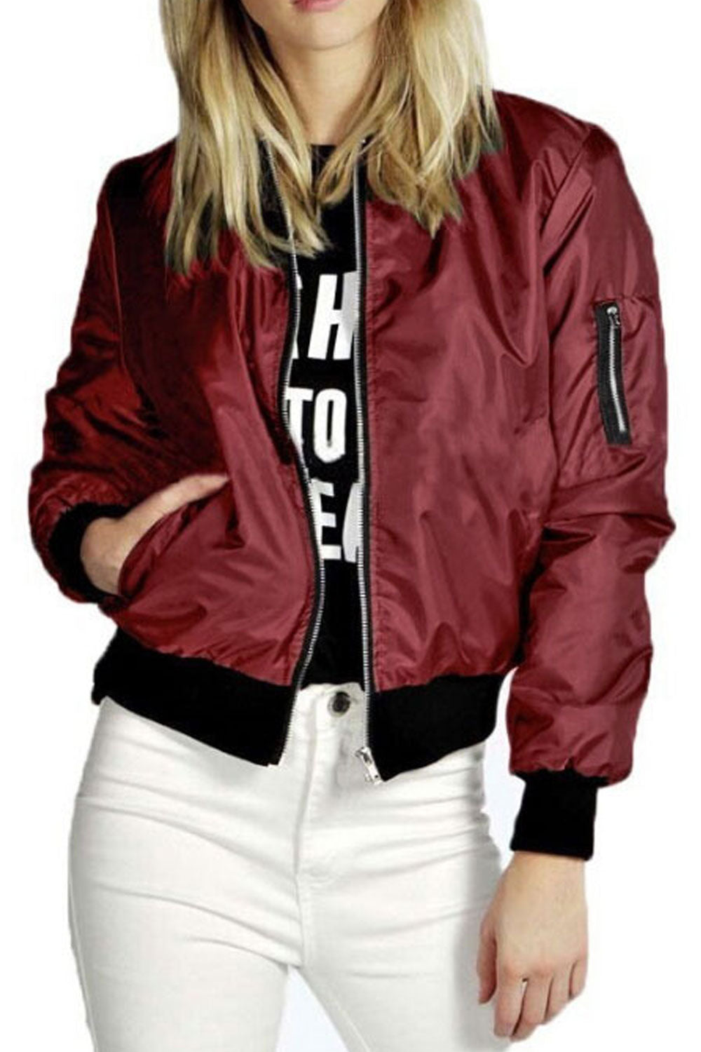 Women Lustrous Knitted Stand Collar Ribbed Cuff & Hem Zipper Long Sleeves Short Slim Smooth Casual Winter Jacket