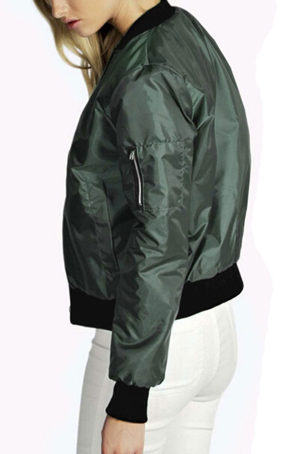 Women Lustrous Knitted Stand Collar Ribbed Cuff & Hem Zipper Long Sleeves Short Slim Smooth Casual Winter Jacket