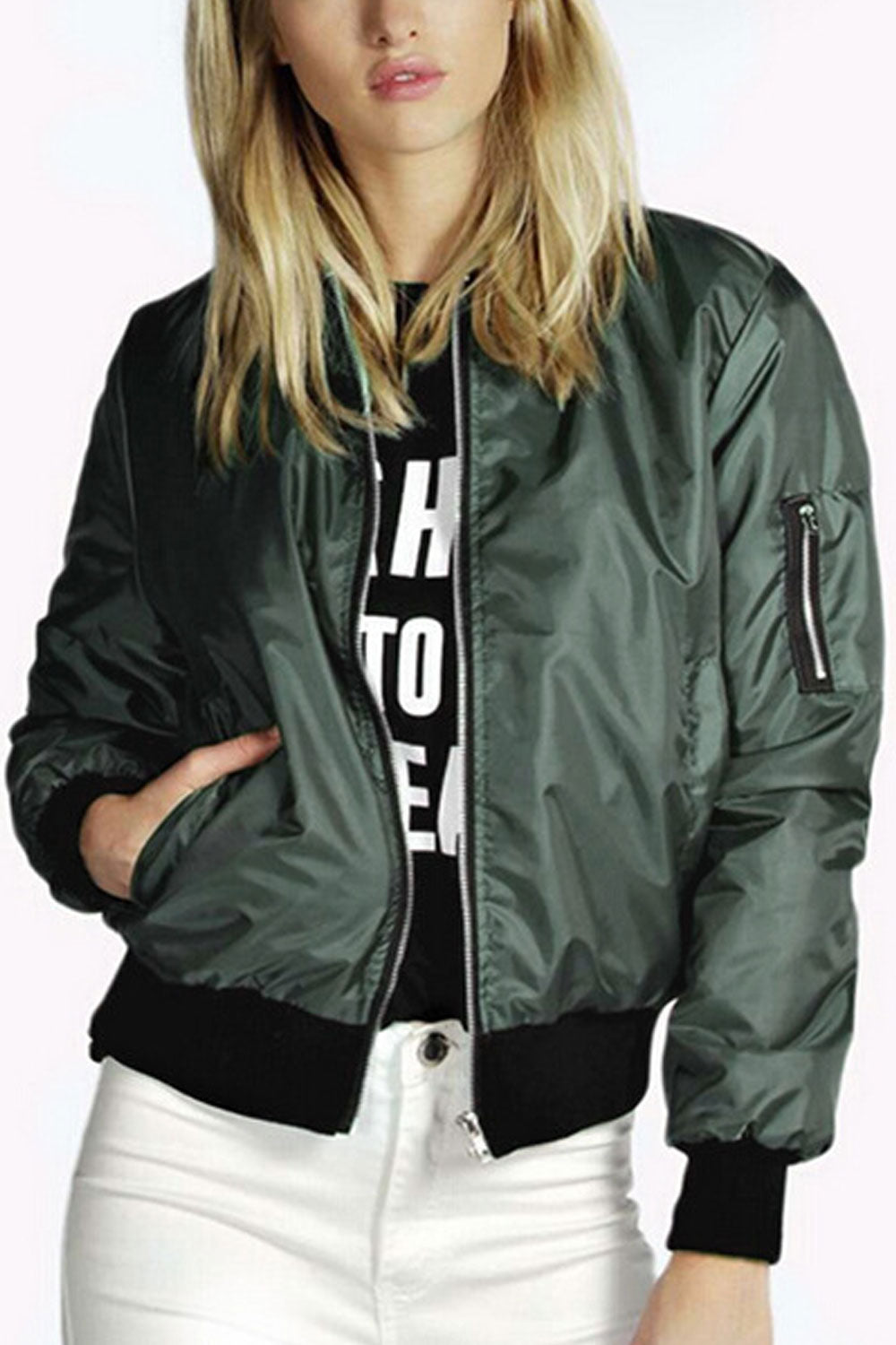 Women Lustrous Knitted Stand Collar Ribbed Cuff & Hem Zipper Long Sleeves Short Slim Smooth Casual Winter Jacket