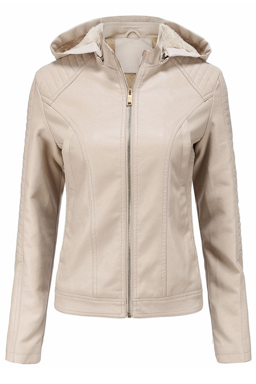 Women Siny Slim Styled Hooded Neck Long Sleeves Side Zippered Pocket & Front Zip Fastener Winter Leather Jacket