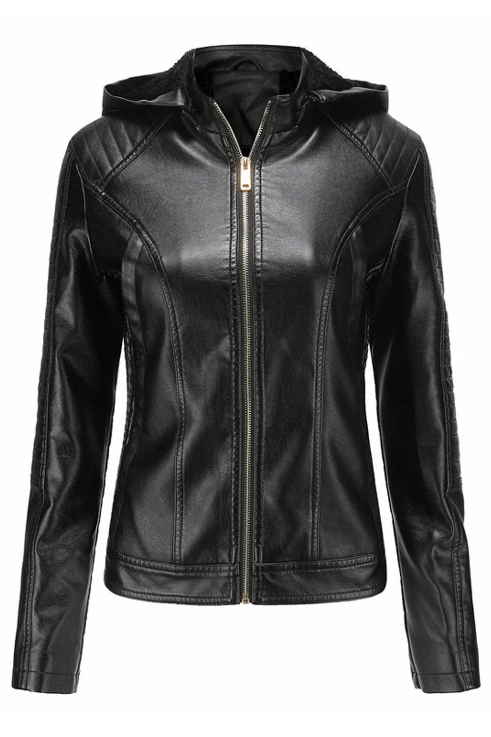 Women Siny Slim Styled Hooded Neck Long Sleeves Side Zippered Pocket & Front Zip Fastener Winter Leather Jacket