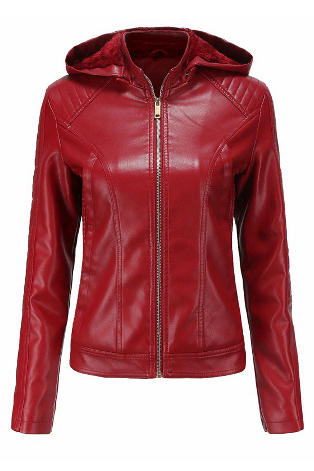 Women Siny Slim Styled Hooded Neck Long Sleeves Side Zippered Pocket & Front Zip Fastener Winter Leather Jacket