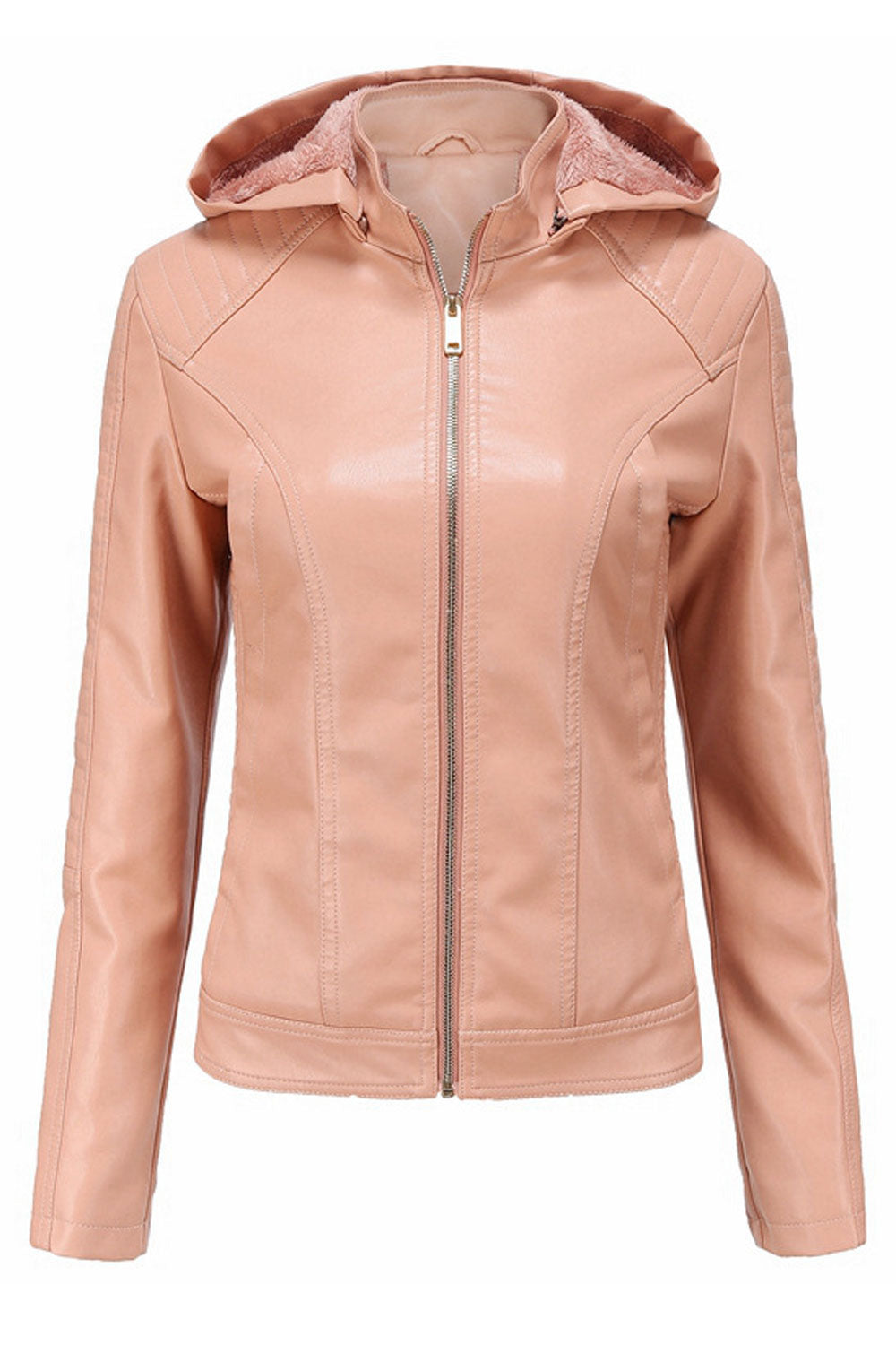 Women Siny Slim Styled Hooded Neck Long Sleeves Side Zippered Pocket & Front Zip Fastener Winter Leather Jacket