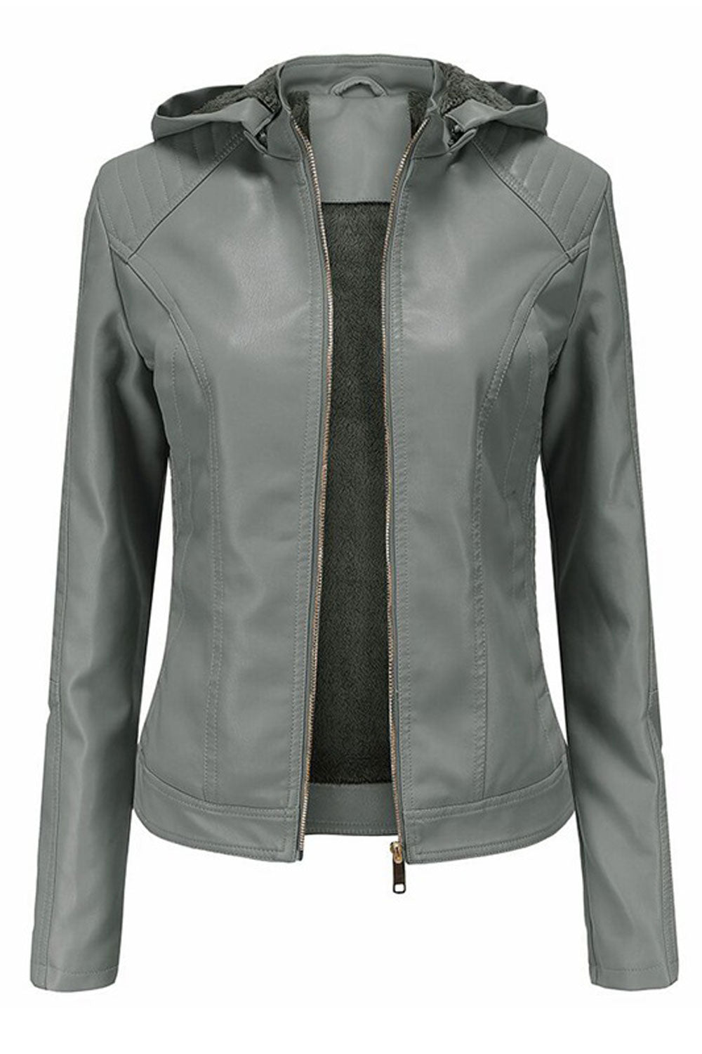 Women Siny Slim Styled Hooded Neck Long Sleeves Side Zippered Pocket & Front Zip Fastener Winter Leather Jacket