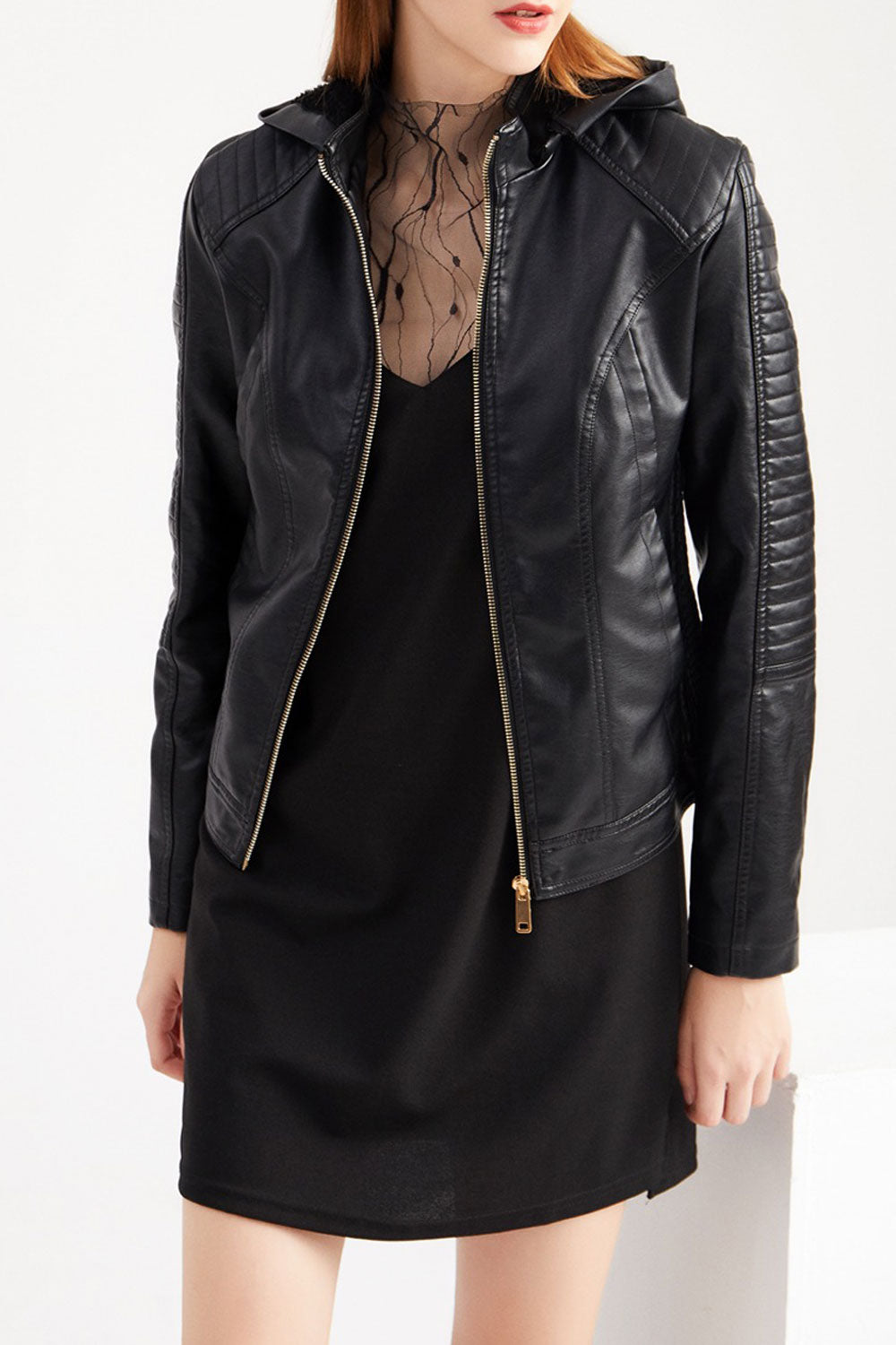 Women Siny Slim Styled Hooded Neck Long Sleeves Side Zippered Pocket & Front Zip Fastener Winter Leather Jacket