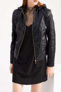 Women Siny Slim Styled Hooded Neck Long Sleeves Side Zippered Pocket & Front Zip Fastener Winter Leather Jacket