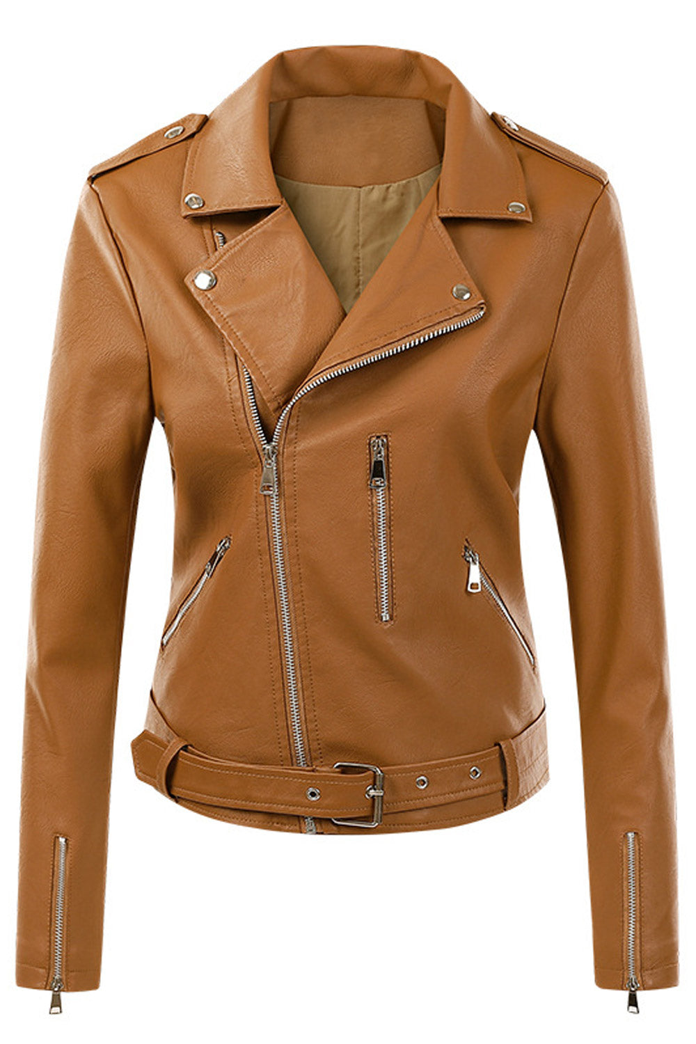 Women Fascinating Cross Zip Closure Lapel Collar Zippered Cuff Waist Belt & Buckle Dilute Winter Leather Jacket