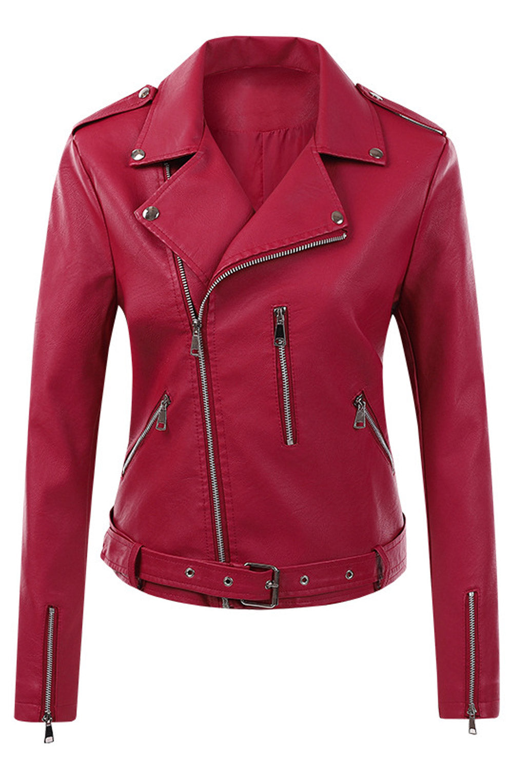 Women Fascinating Cross Zip Closure Lapel Collar Zippered Cuff Waist Belt & Buckle Dilute Winter Leather Jacket