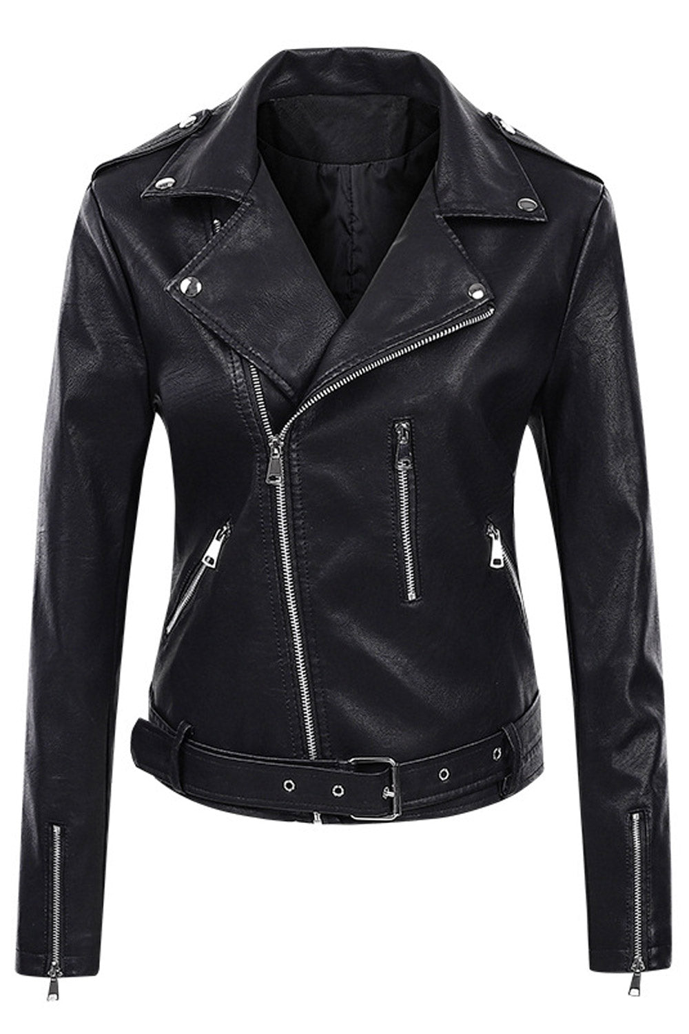 Women Fascinating Cross Zip Closure Lapel Collar Zippered Cuff Waist Belt & Buckle Dilute Winter Leather Jacket