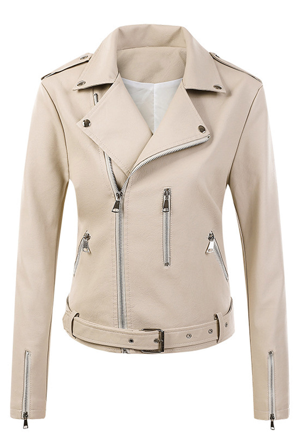 Women Fascinating Cross Zip Closure Lapel Collar Zippered Cuff Waist Belt & Buckle Dilute Winter Leather Jacket
