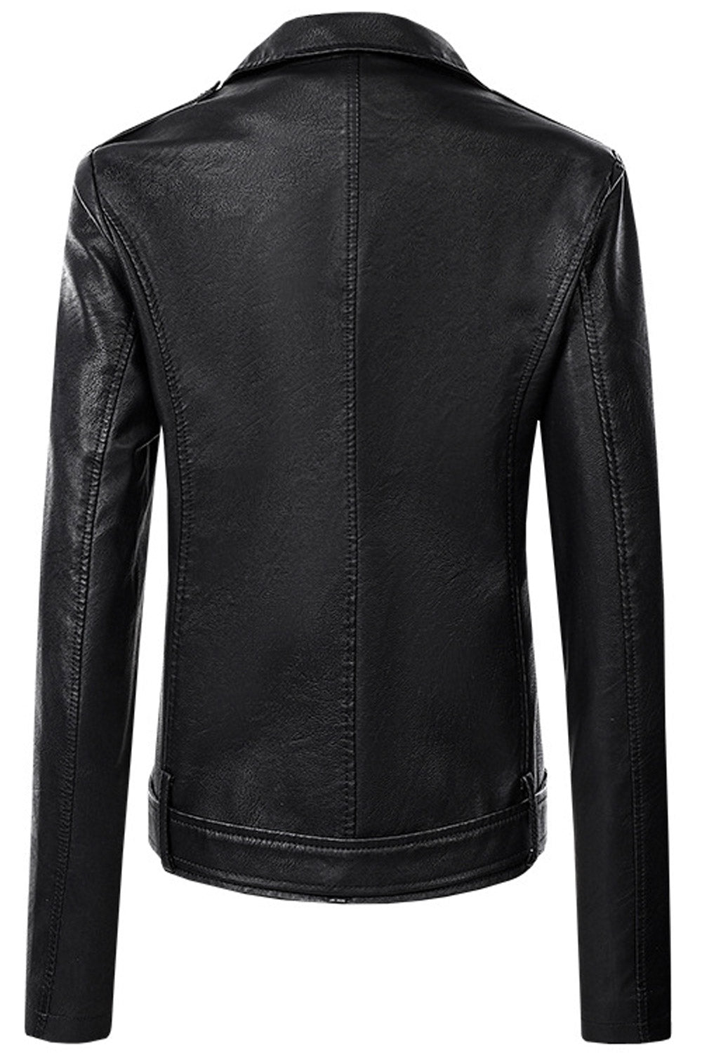 Women Fascinating Cross Zip Closure Lapel Collar Zippered Cuff Waist Belt & Buckle Dilute Winter Leather Jacket