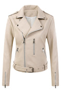 Women Fascinating Cross Zip Closure Lapel Collar Zippered Cuff Waist Belt & Buckle Dilute Winter Leather Jacket