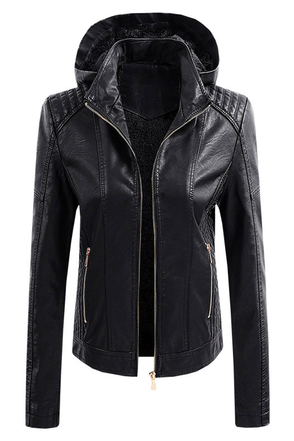 Women Skin Favorable Hooded Neck Slim Fit Long Sleeves & Side Straight Zippered Pocket & Moveable Front Zip Fastener Winter Leat