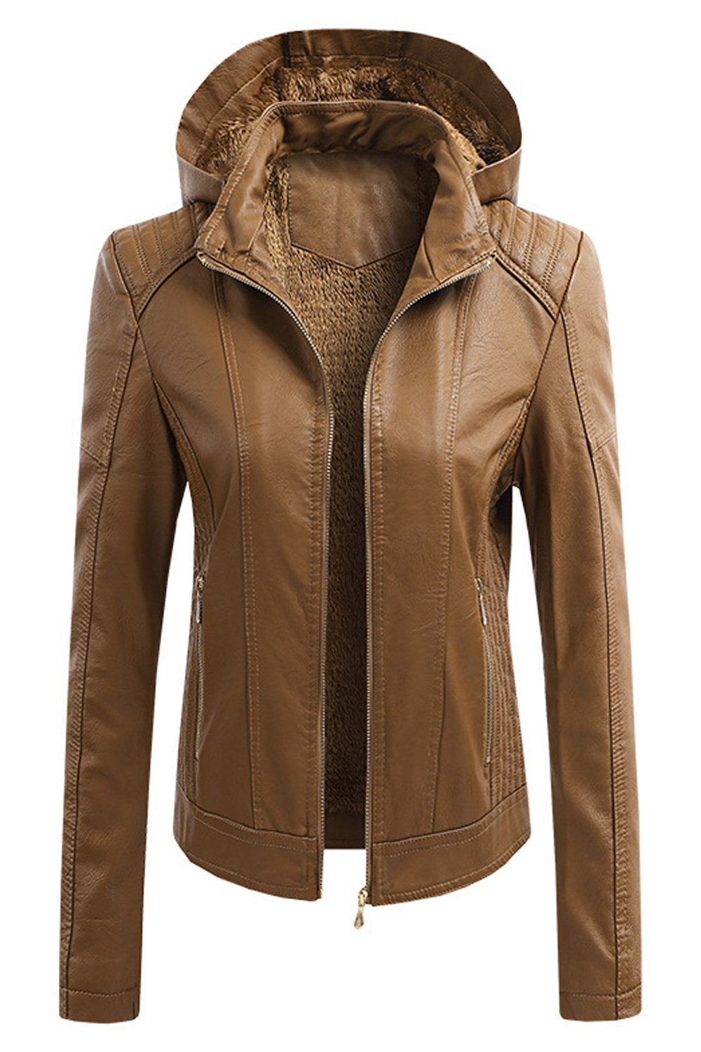 Women Skin Favorable Hooded Neck Slim Fit Long Sleeves & Side Straight Zippered Pocket & Moveable Front Zip Fastener Winter Leat