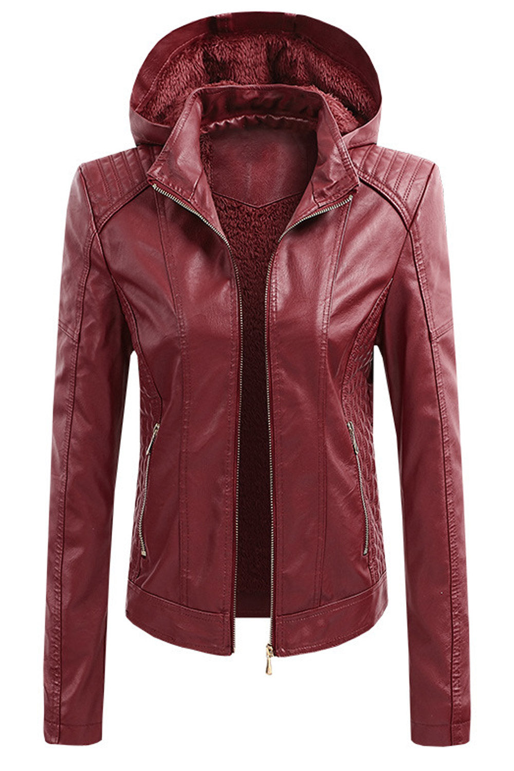 Women Skin Favorable Hooded Neck Slim Fit Long Sleeves & Side Straight Zippered Pocket & Moveable Front Zip Fastener Winter Leat