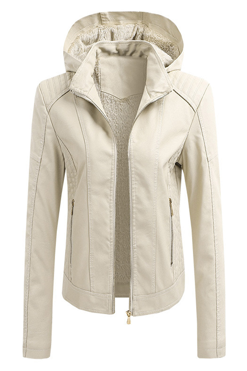 Women Skin Favorable Hooded Neck Slim Fit Long Sleeves & Side Straight Zippered Pocket & Moveable Front Zip Fastener Winter Leat