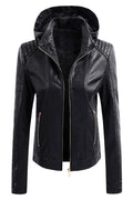 Women Skin Favorable Hooded Neck Slim Fit Long Sleeves & Side Straight Zippered Pocket & Moveable Front Zip Fastener Winter Leat
