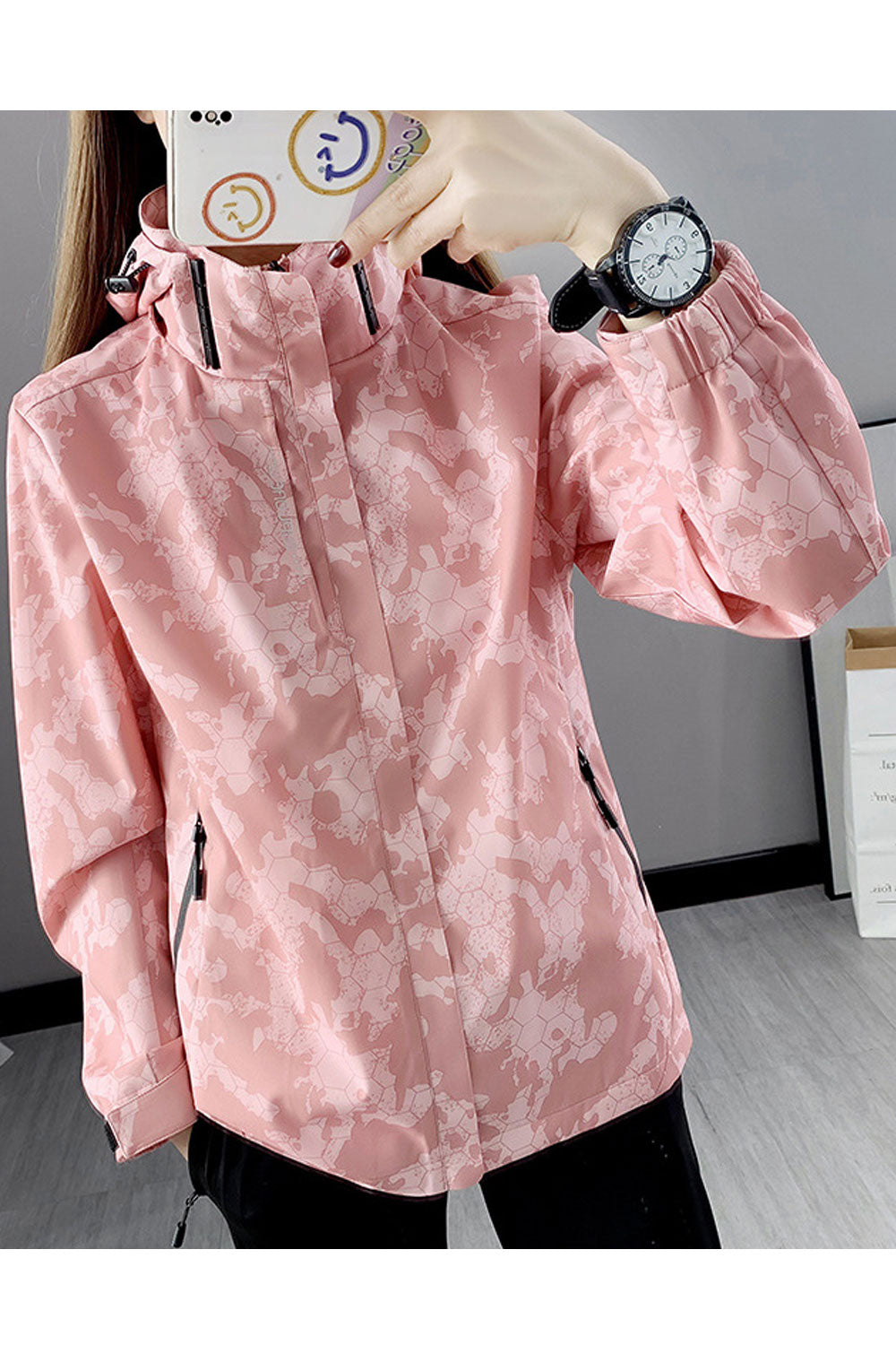 Women Flawless Camouflage Patterned Hooded Neck Stretchable Cuff Front Zip Fastener Side Zipper Pocket Winter Casual Jacket
