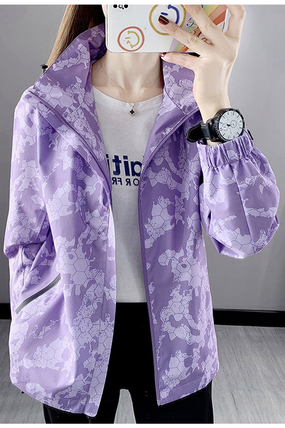 Women Flawless Camouflage Patterned Hooded Neck Stretchable Cuff Front Zip Fastener Side Zipper Pocket Winter Casual Jacket
