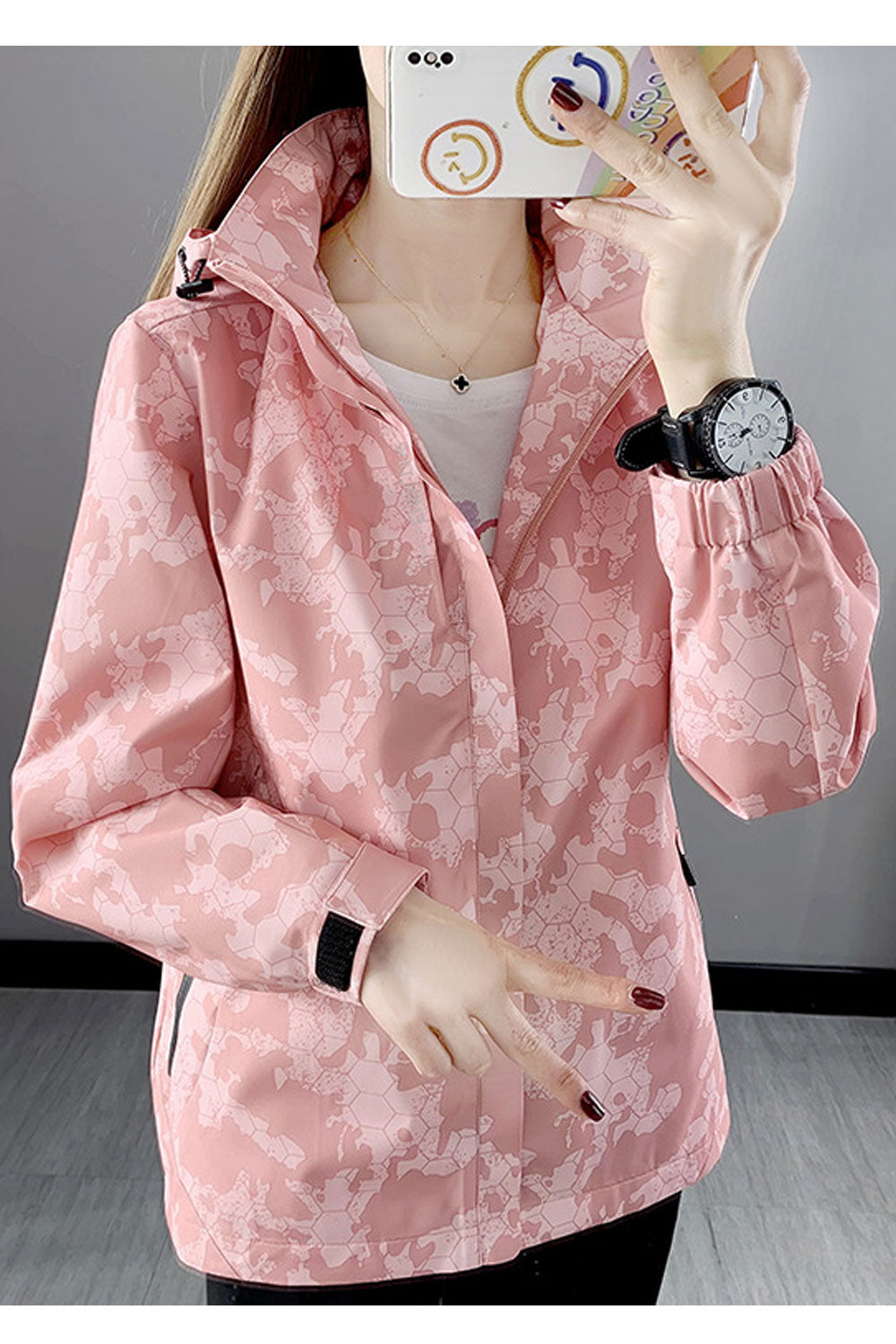 Women Flawless Camouflage Patterned Hooded Neck Stretchable Cuff Front Zip Fastener Side Zipper Pocket Winter Casual Jacket