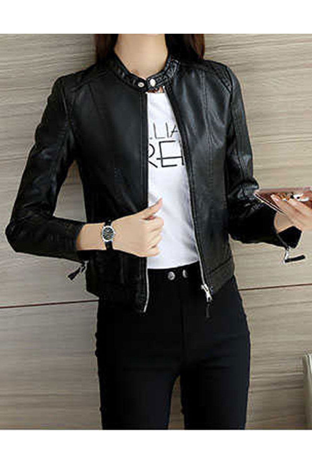 Women Eye- Soothing Stand Collar Zippered Cuff & Front Zip Fastener Winter Leather Jacket