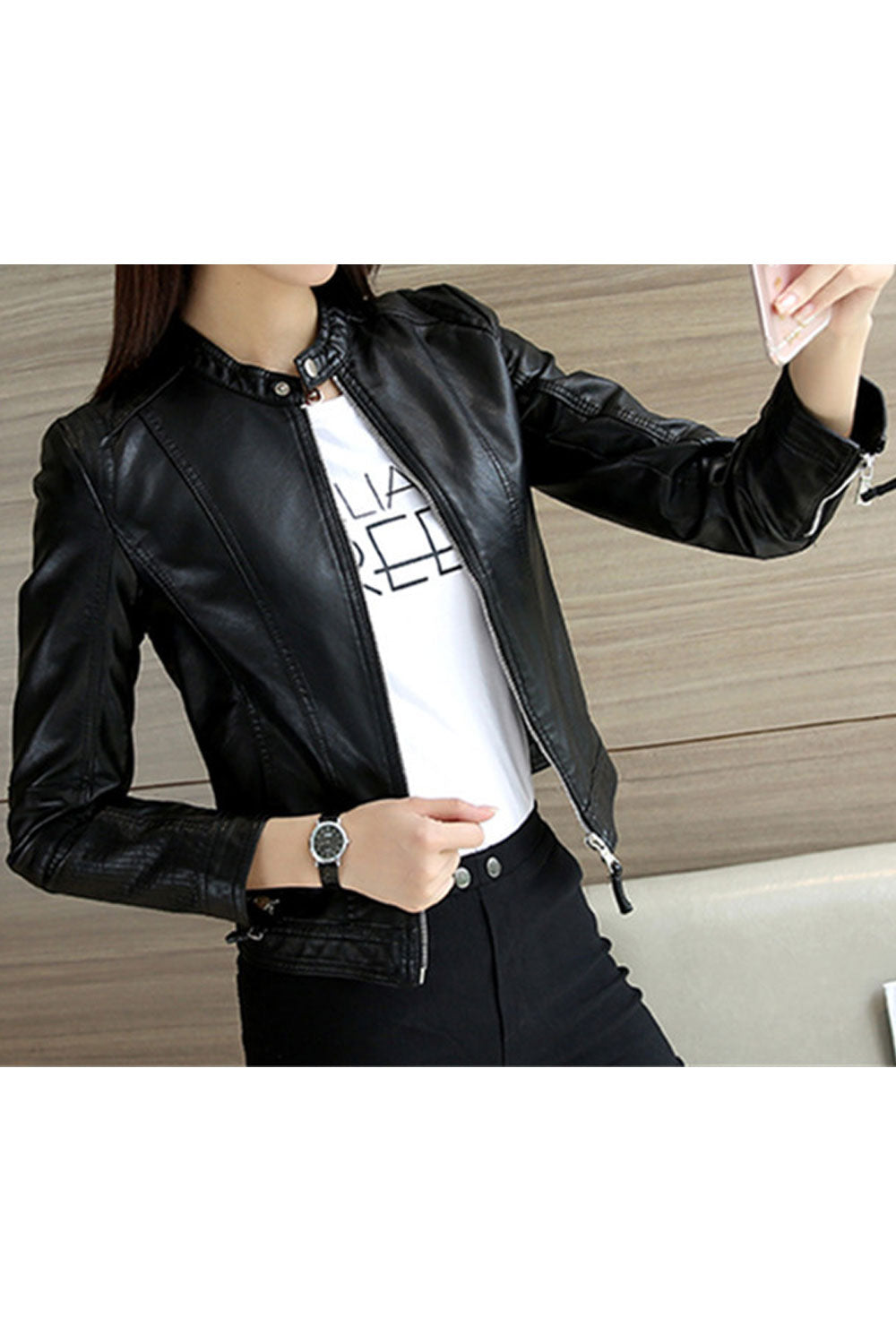 Women Eye- Soothing Stand Collar Zippered Cuff & Front Zip Fastener Winter Leather Jacket