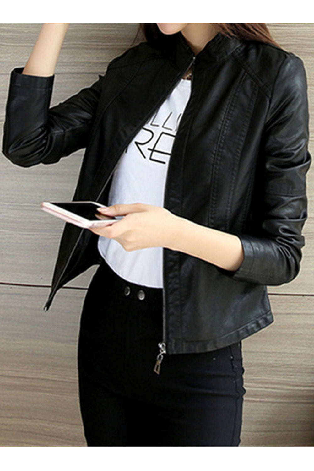 Women Eye- Soothing Stand Collar Zippered Cuff & Front Zip Fastener Winter Leather Jacket