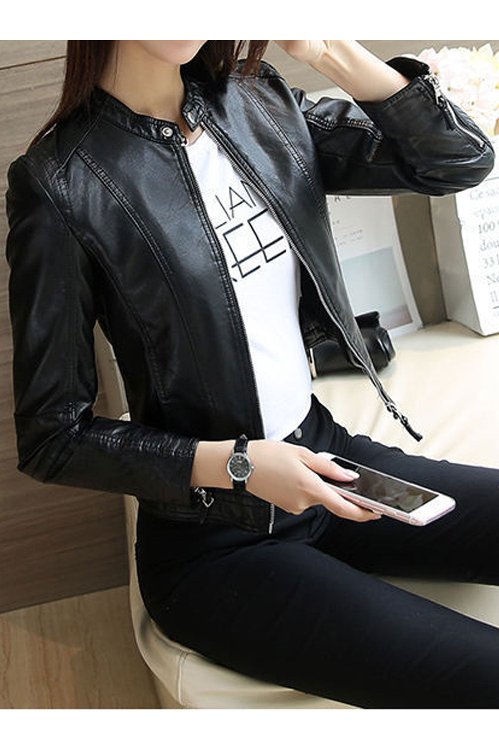 Women Eye- Soothing Stand Collar Zippered Cuff & Front Zip Fastener Winter Leather Jacket