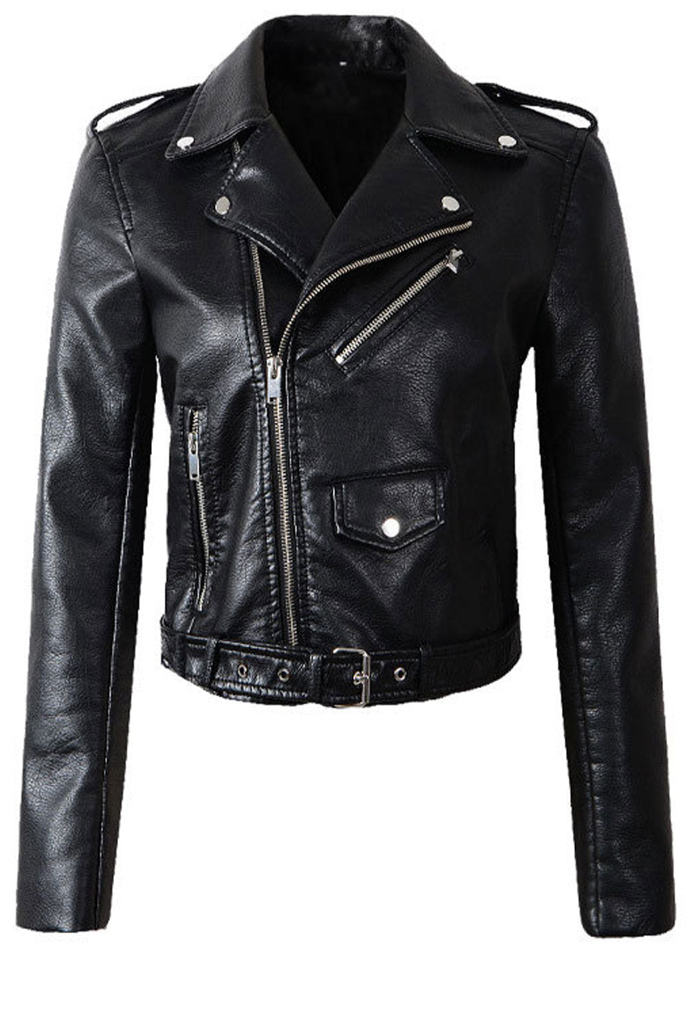 Women Charming Lapel Collar Neck Smooth Long Sleeves Zippered Cuff Zippered Pocket & Cross Zippered Fastener Unwind Winter Leath