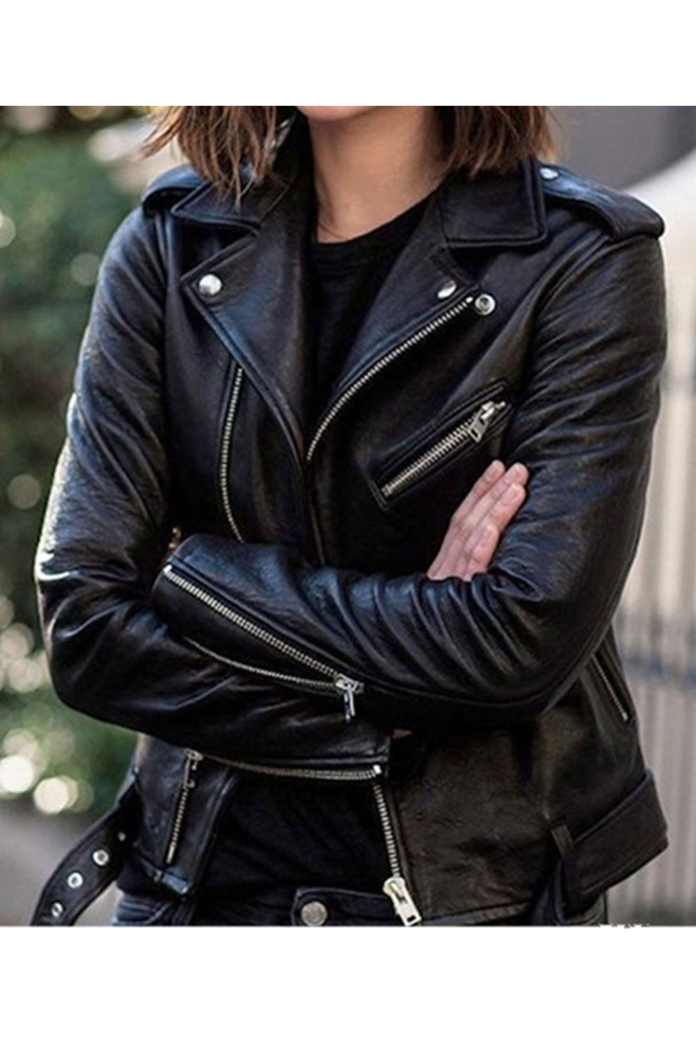 Women Charming Lapel Collar Neck Smooth Long Sleeves Zippered Cuff Zippered Pocket & Cross Zippered Fastener Unwind Winter Leath