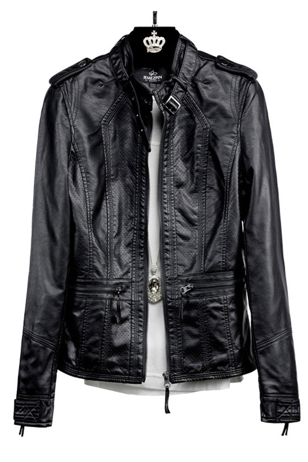 Women Admirable Stand Collar Neck Belt & Buckle Long Zipper Styled Sleeves Front Zipper Fastener Side Zip Pocket Winter Leather