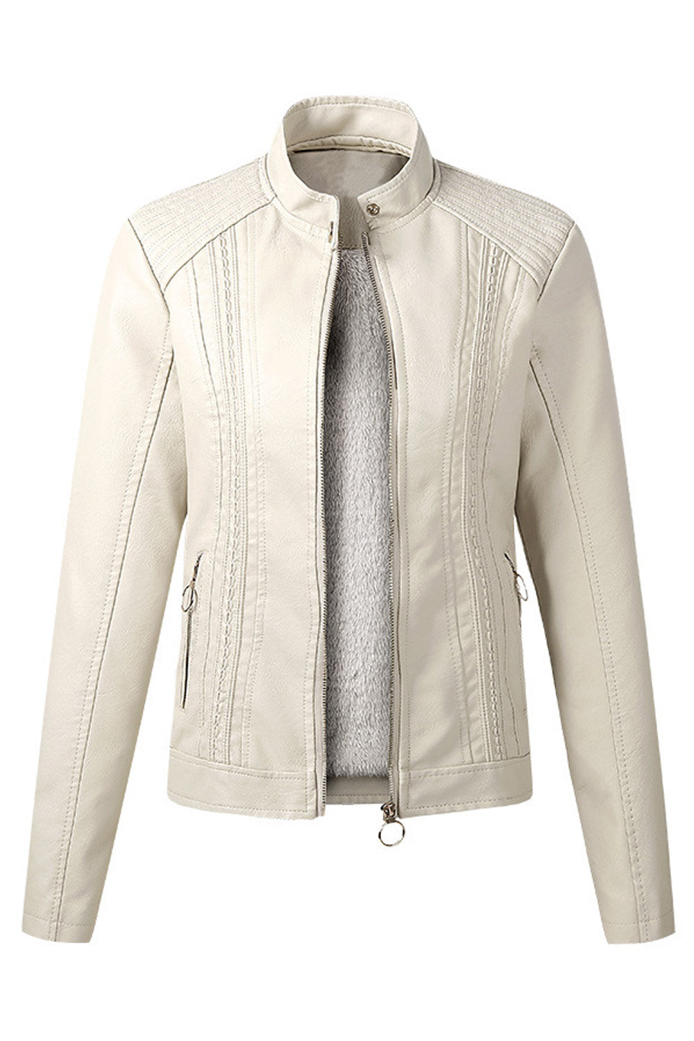 Women Super Snug Stand Collar Zipper Fastener Long Sleeves Side Zippered Pocket Cozy Leather Jacket