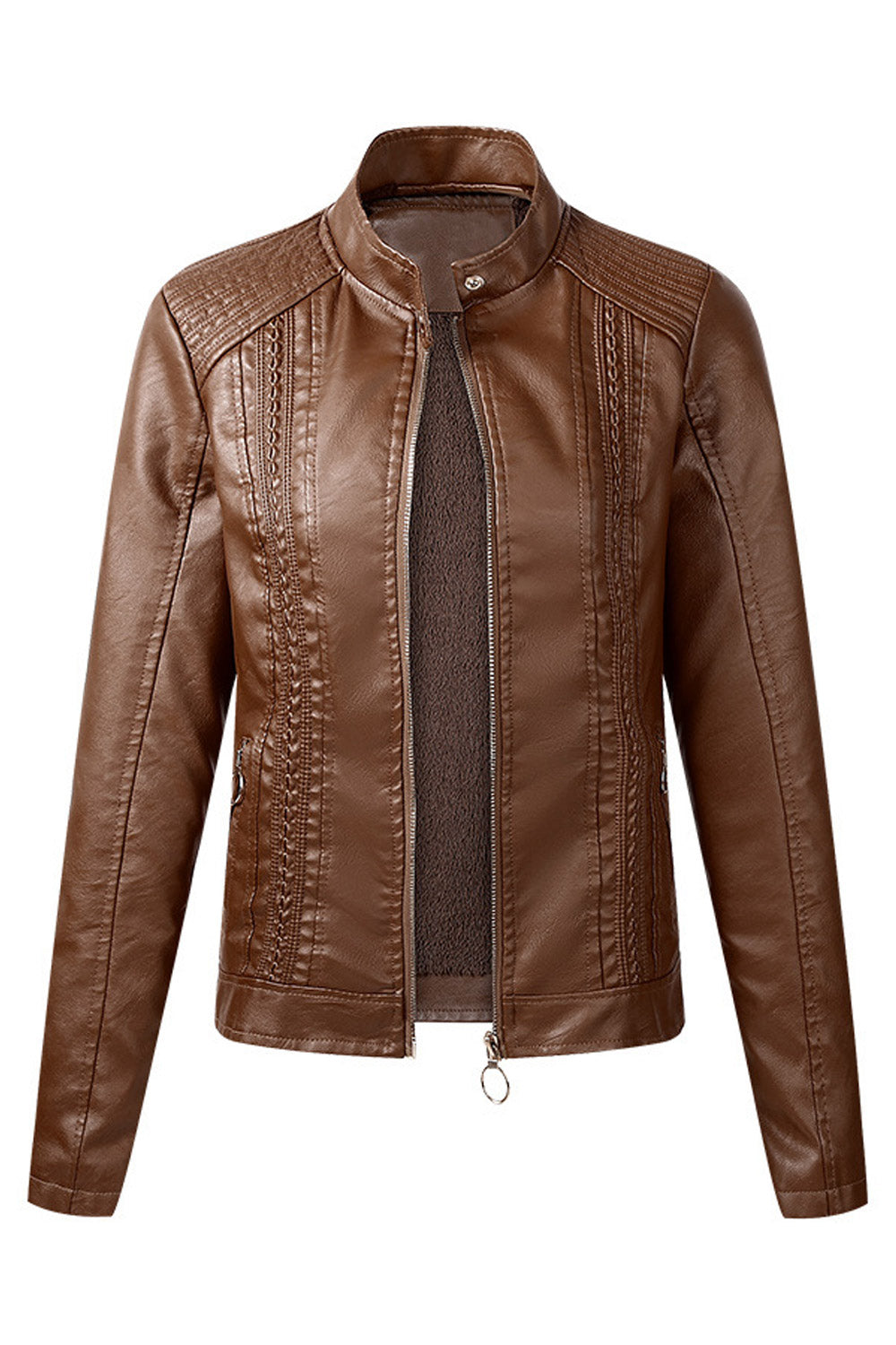 Women Super Snug Stand Collar Zipper Fastener Long Sleeves Side Zippered Pocket Cozy Leather Jacket