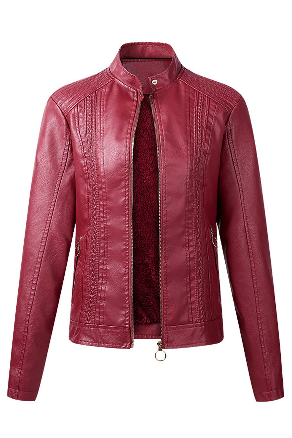 Women Super Snug Stand Collar Zipper Fastener Long Sleeves Side Zippered Pocket Cozy Leather Jacket