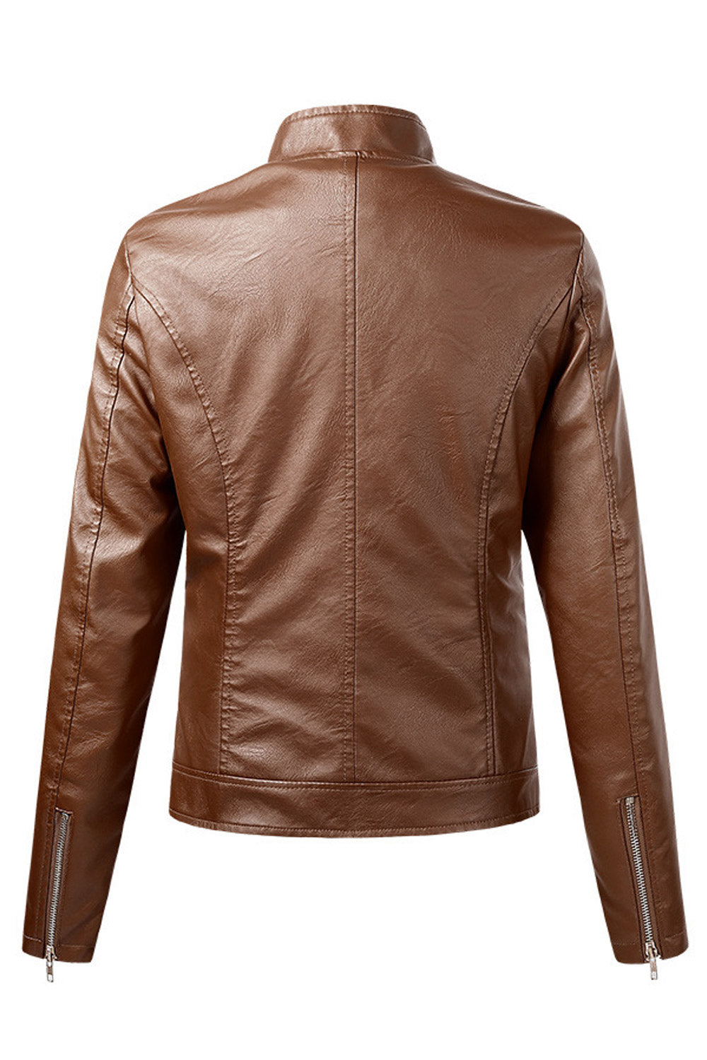 Women Super Snug Stand Collar Zipper Fastener Long Sleeves Side Zippered Pocket Cozy Leather Jacket