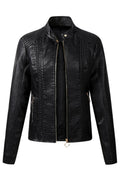 Women Super Snug Stand Collar Zipper Fastener Long Sleeves Side Zippered Pocket Cozy Leather Jacket