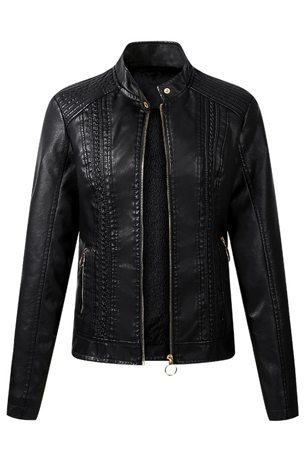 Women Super Snug Stand Collar Zipper Fastener Long Sleeves Side Zippered Pocket Cozy Leather Jacket