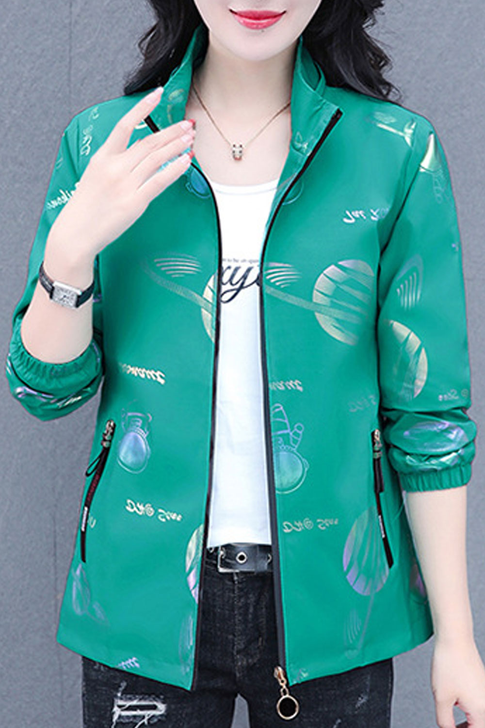 Women Astronaut Printed Hooded Neck Long Sleeves Stretchable Cuff Sid Zipper Pocket & Front Zip Fastener Smooth Winter Casual Ja