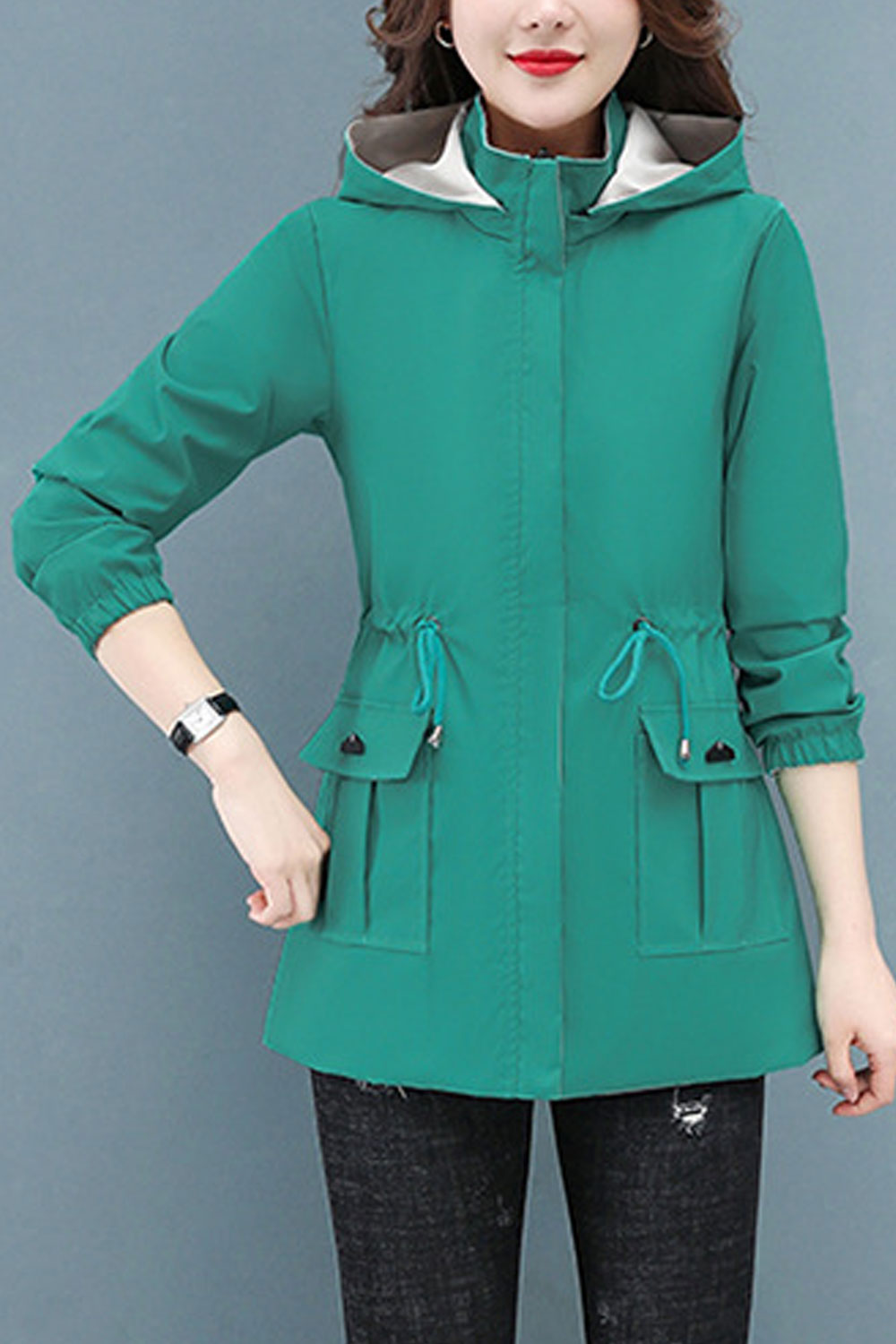 Women Double Sided Hooded Neck Stretchable Cuff Drawstring Waist Side Flap Closure Pocket Warm Winter Casual Jacket
