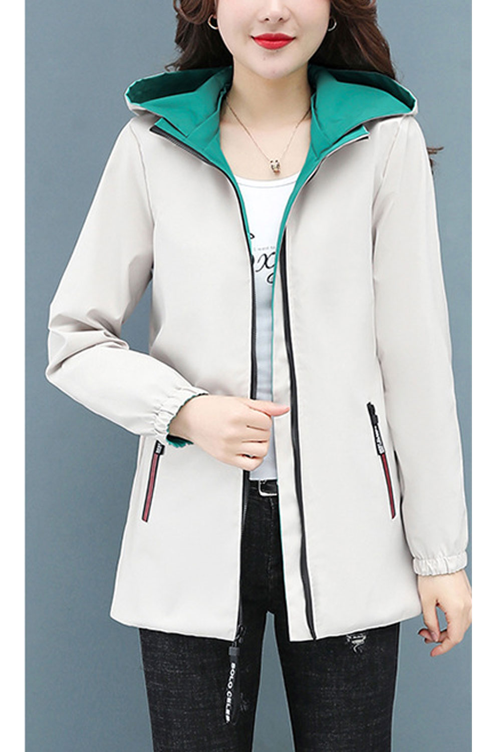 Women Double Sided Hooded Neck Stretchable Cuff Drawstring Waist Side Flap Closure Pocket Warm Winter Casual Jacket