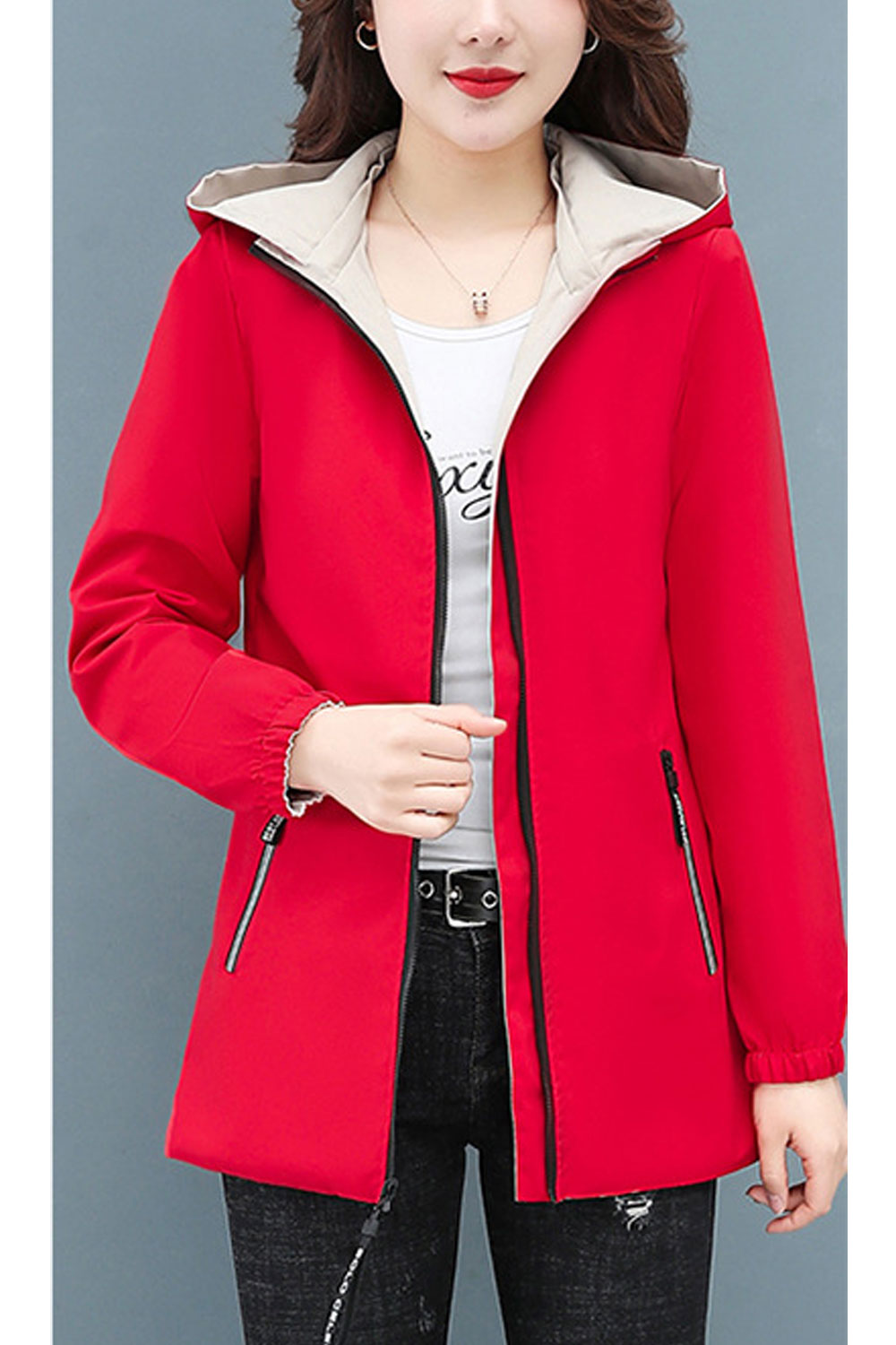 Women Double Sided Hooded Neck Stretchable Cuff Drawstring Waist Side Flap Closure Pocket Warm Winter Casual Jacket