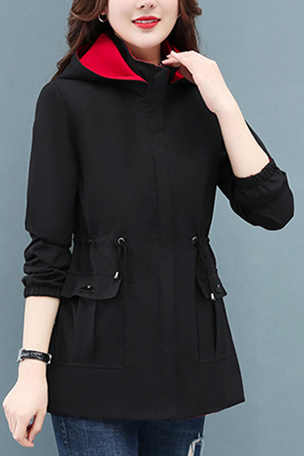 Women Double Sided Hooded Neck Stretchable Cuff Drawstring Waist Side Flap Closure Pocket Warm Winter Casual Jacket