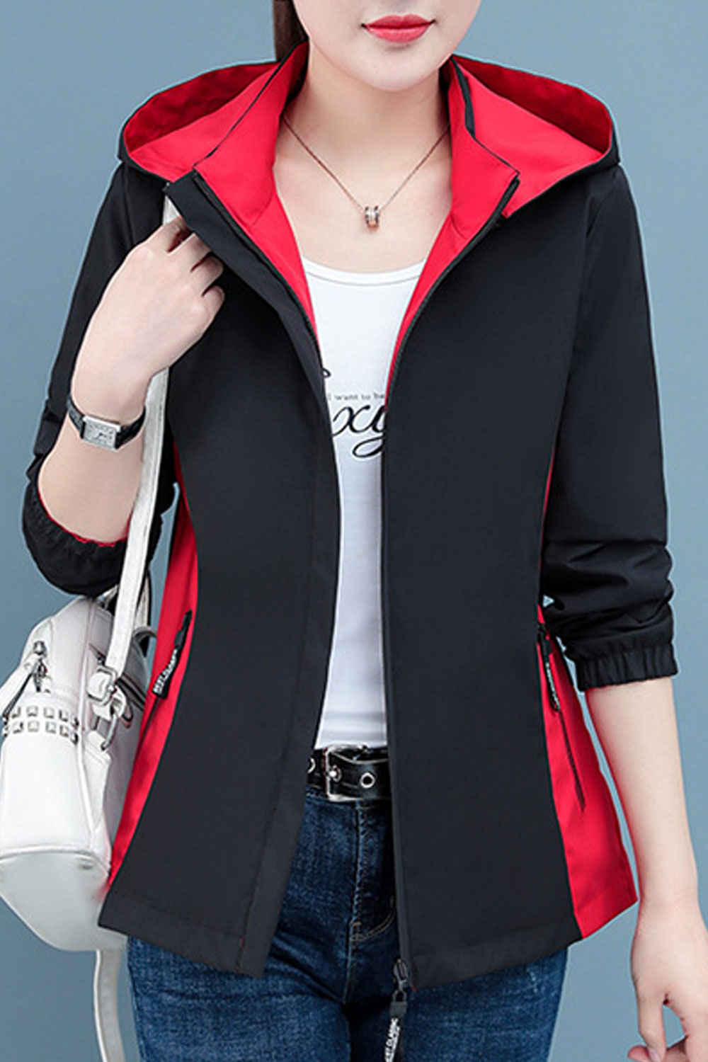 Women Dashing Double-Sided Soft Hooded Neck Stretchable Cuff & Hem Slash Pocket Dilute Winter Casual Jacket