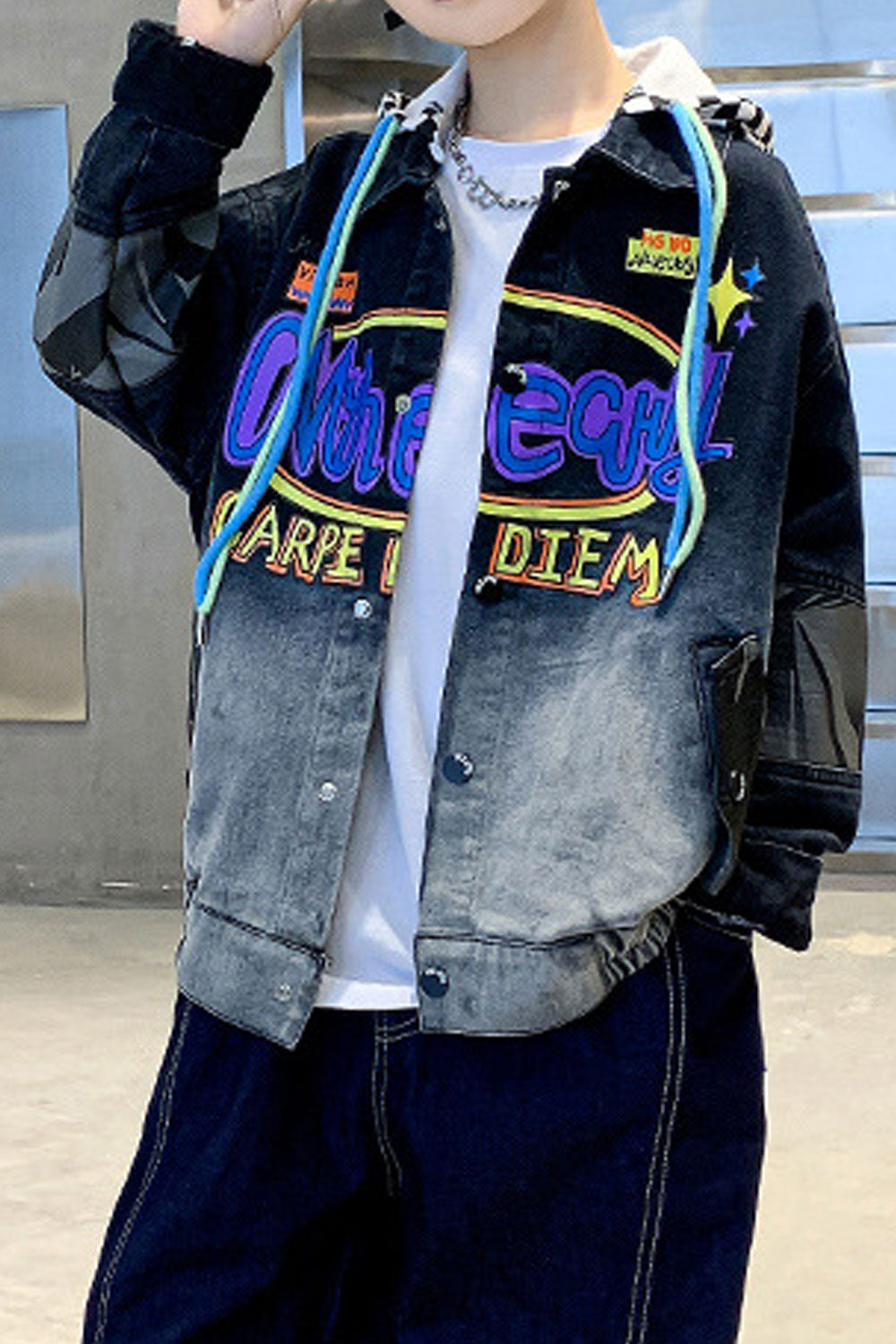 Kid Boys Drawstrings Hoodie Denim Jacket
