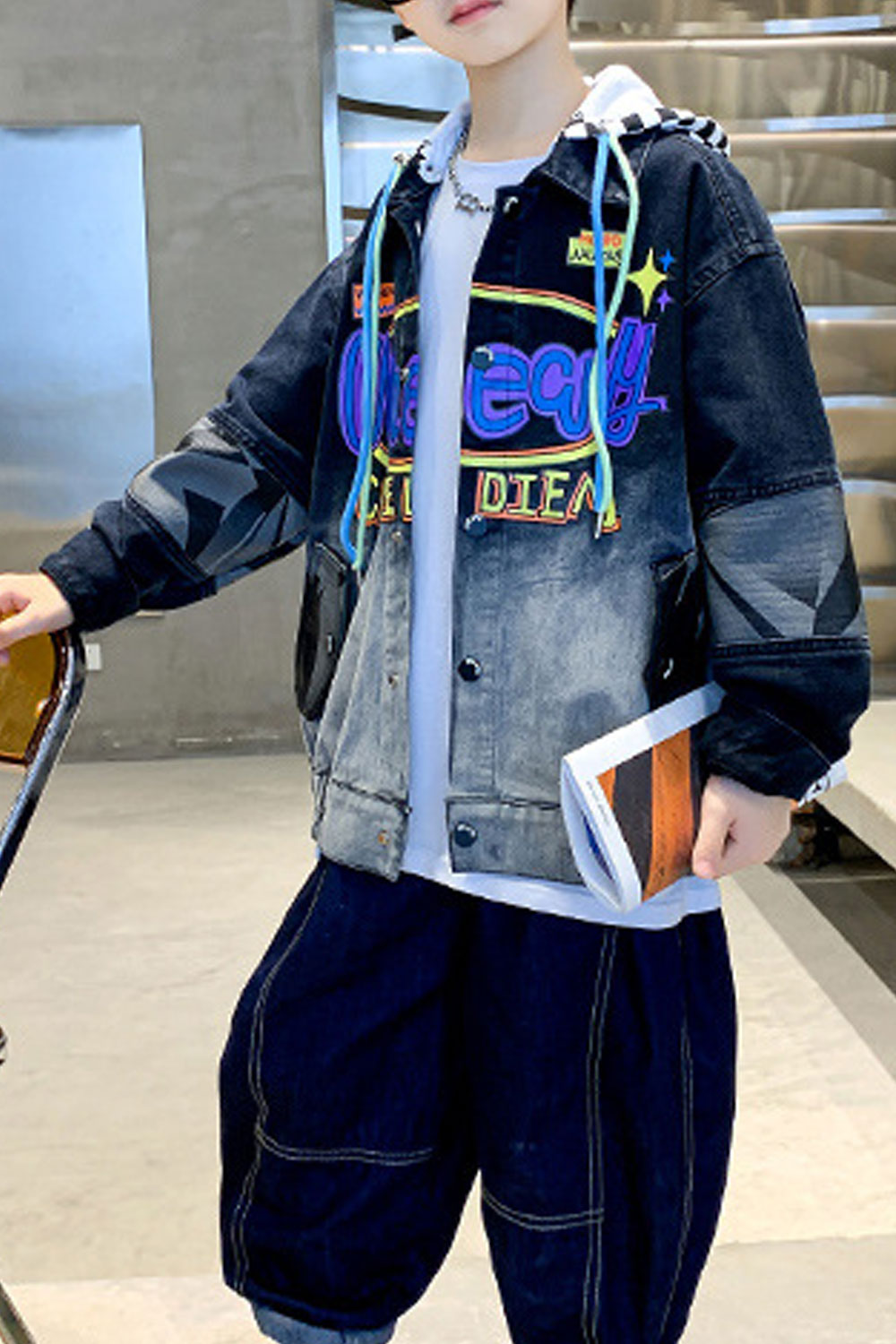 Kid Boys Drawstrings Hoodie Denim Jacket