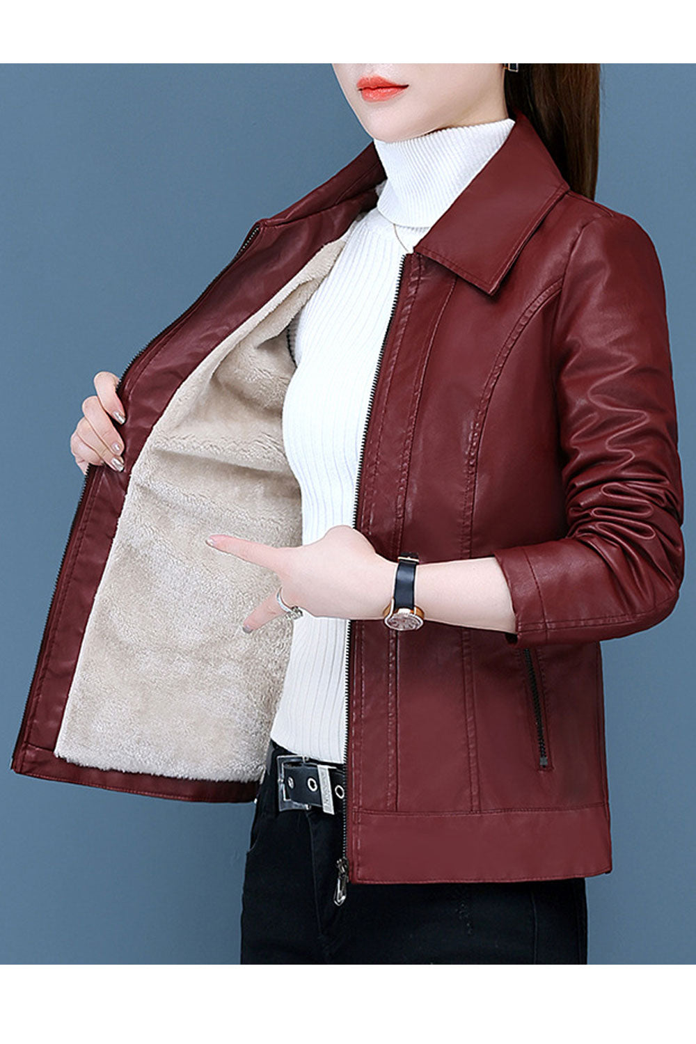 Women Professional Decent Collar Neck Fitted Long Sleeves & Side Pocket Easy Front Zippered Closure Cozy Linen Fluffy Leather Ja