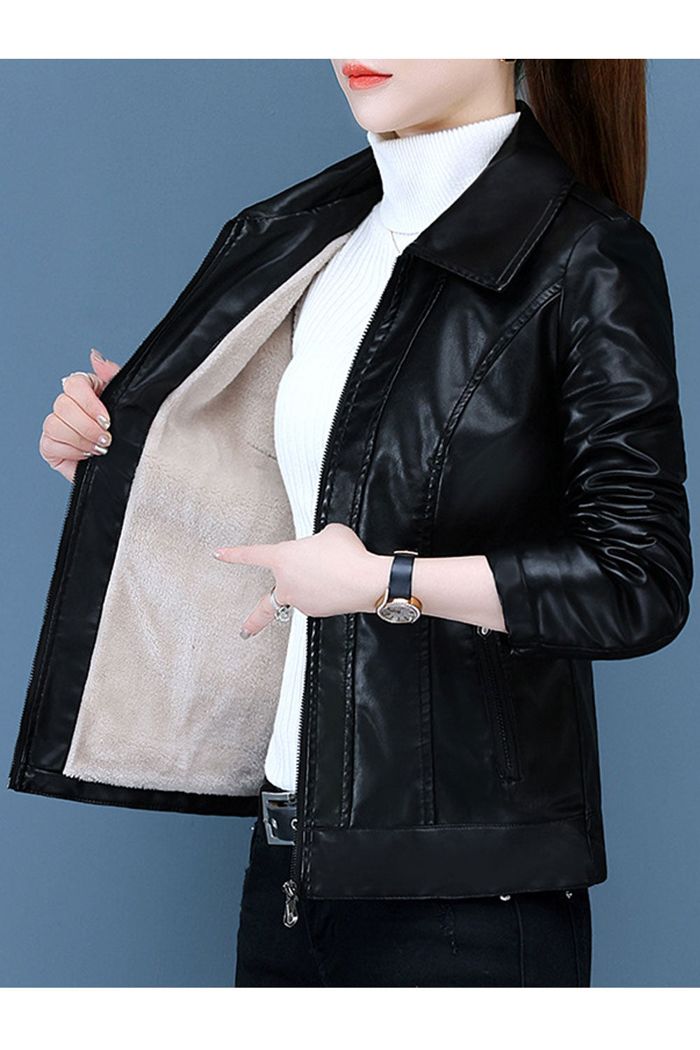 Women Professional Decent Collar Neck Fitted Long Sleeves & Side Pocket Easy Front Zippered Closure Cozy Linen Fluffy Leather Ja