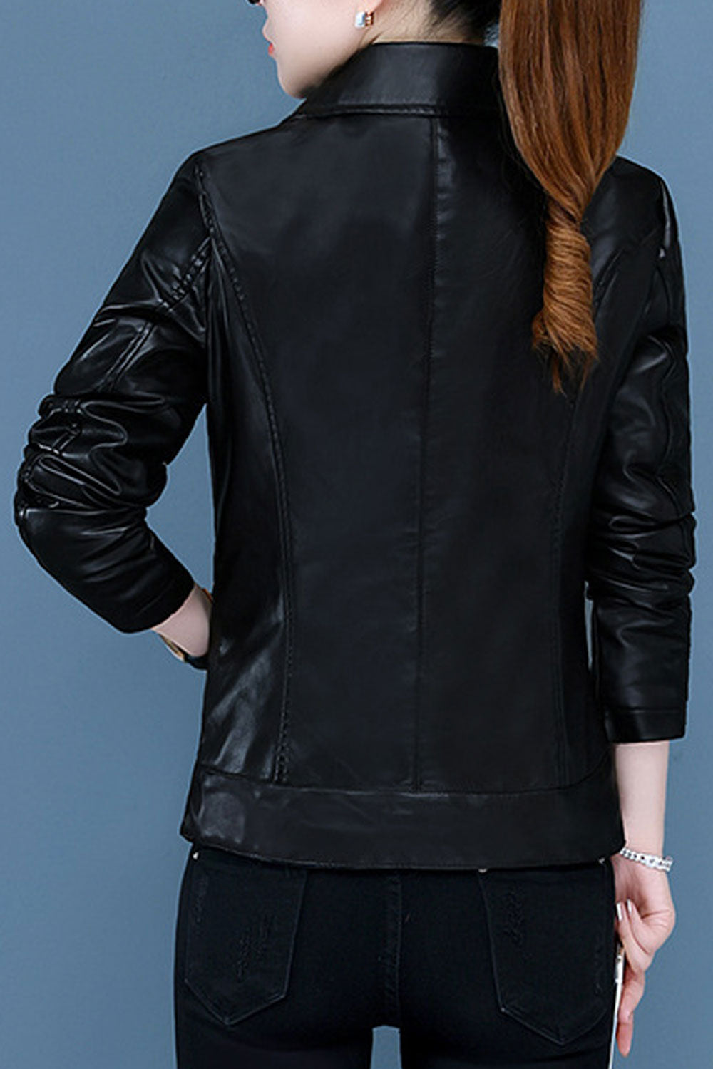 Women Professional Decent Collar Neck Fitted Long Sleeves & Side Pocket Easy Front Zippered Closure Cozy Linen Fluffy Leather Ja