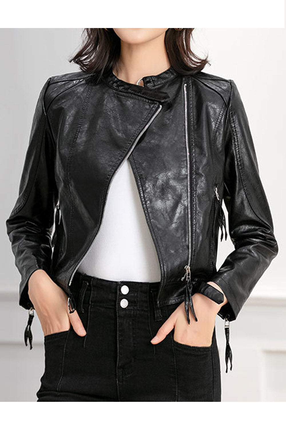 Women Decent Stand Collar Neck Long Sleeves Waist Belt & Buckle Dilute Leather Jacket